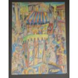 Modern British, coloured pencil, Fairground with Punch and Judy stall, indistinctly signed, 58 x