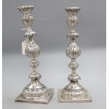 A pair of 19th century Russian 84 zolotnik Sabbath Day candlesticks, retailed by J. Goldman, dated