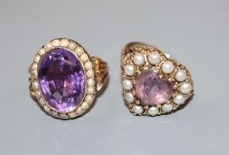 Two early 20th century yellow metal, amethyst and seed pearl set dress rings, including a 9ct