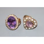 Two early 20th century yellow metal, amethyst and seed pearl set dress rings, including a 9ct