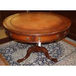 A Regency style mahogany leather top drum library table, diameter 150cm, H.78cm
