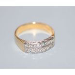 A modern 18ct gold and two row diamond half hoop ring, size J/K, gross 4.1 grams.CONDITION: Stones