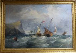 James Webb (1825-1895), oil on canvas, Shipping along the coast, signed, 60 x 90cmCONDITION: Oil