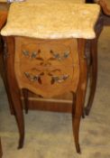 A pair of Louis XVI style marquetry inlaid marble topped serpentine bedside chests, W.44cm, D.