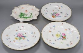 A set of three late Meissen plates with floral decoration and a modern Meissen 'dragon' bowl