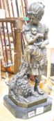 A modern bronze of a girl with a dog and puppies, height 51cm