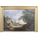 19th century English School, oil on panel, Landscape with house and church, 21.5 x 30.5cm