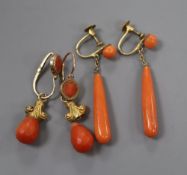 A pair of yellow metal and coral drop earrings and a similar pair of ear clips, largest 4cm, gross 8