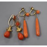 A pair of yellow metal and coral drop earrings and a similar pair of ear clips, largest 4cm, gross 8