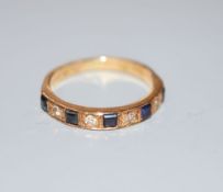 A 1970's 18ct gold, five stone sapphire and four stone diamond set half hoop ring, size K, gross 2.7