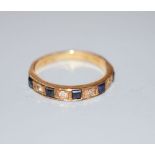 A 1970's 18ct gold, five stone sapphire and four stone diamond set half hoop ring, size K, gross 2.7