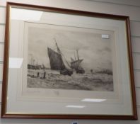 Frederick James Aldridge (1850-1933), etching, Fishing boats off the coast, signed in pencil, 38 x
