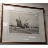 Frederick James Aldridge (1850-1933), etching, Fishing boats off the coast, signed in pencil, 38 x