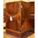 A French Art Deco marble topped burr walnut bedside cabinet, W.44cm, D.35cm, H.69cm