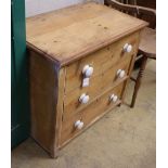 A small Victorian three drawer pine chest, W76cm, D.45cm, H.68cm