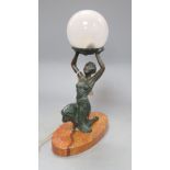 An Art Deco table lamp modelled as bronzed kneeling lady holding a globe, on oval rouge marble base,