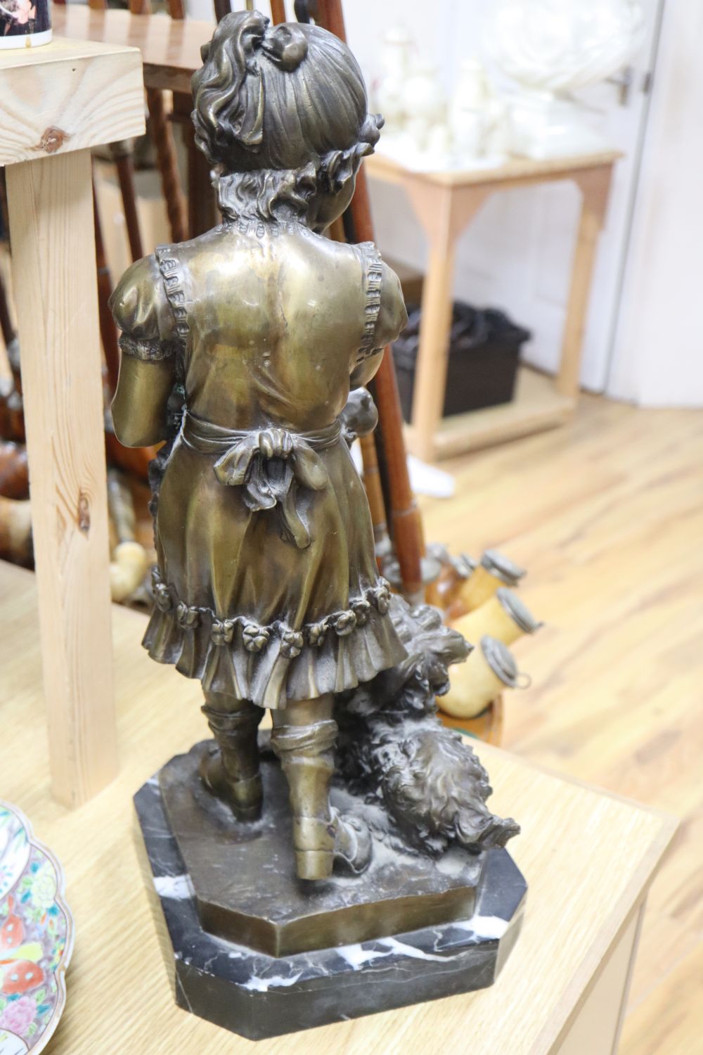 A modern bronze of a girl with a dog and puppies, height 51cm - Image 2 of 2