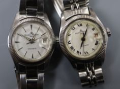 Two lady's stainless steel Baume & Mercier Baumatic wrist watches, one on associated strap.