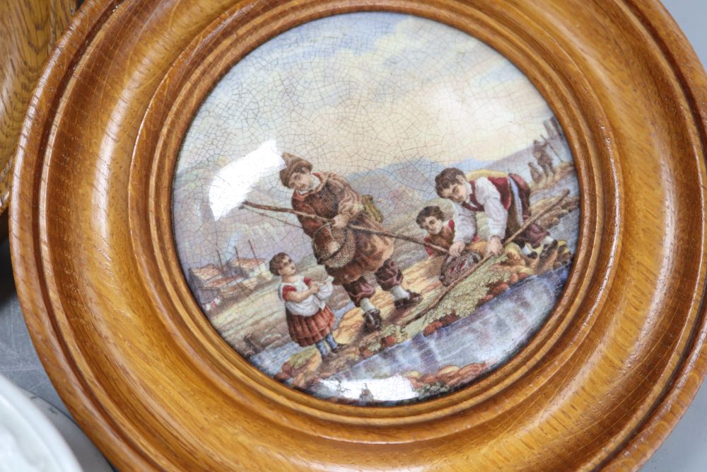 Three Prattware pot lids in oak frames and another Prattware pot - Image 4 of 8