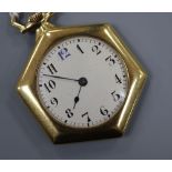 An early 20th century 18ct gold hexagonal dress pocket watch, diameter 40mm, gross 38.5 grams.