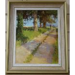 John Haskins (1938-), oil on board, Sportsman on a country lane, signed, 29 x 22cm