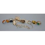 Mixed jewellery including a 9ct gold band, 2.4 grams, a 10k and green paste ring, gross 8.9 grams, a