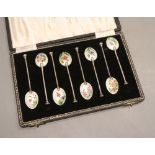 A cased set of eight silver and enamel coffee spoons, Henry Clifford Davis, Birmingham, 1957,