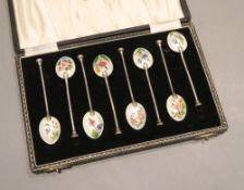 A cased set of eight silver and enamel coffee spoons, Henry Clifford Davis, Birmingham, 1957,