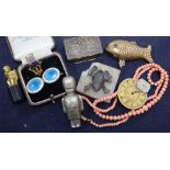 A 9ct Inniskillen brooch, a silver pill box, a gilt seal, an enamelled brooch and sundries