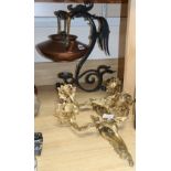 A pair of ormolu two branch wall lights and a kettle on stand