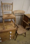 A Victorian elm and beech comb back Windsor armchair and a rush seated child's chair