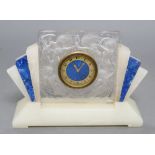 A Lalique Art Deco onyx and frosted glass mantel timepiece, with enamelled dial, height