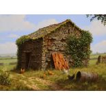 Edward Hersey (1948-), oil on canvas, Chickens beside a stone barn, signed, 29 x 39cm