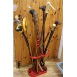 A collection of assorted walking sticks and a stick stand