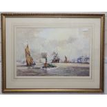 John Sutton (1935-), watercolour, Shipping off Greenwich, signed, 35 x 53cm