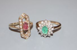 Two modern 9ct gold and gem set rings, emerald and diamond cluster and ruby and diamond cluster,