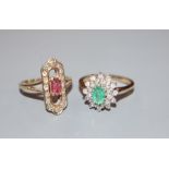 Two modern 9ct gold and gem set rings, emerald and diamond cluster and ruby and diamond cluster,