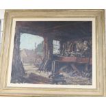 Adrian Hill (1895-1977), oil on canvas board, Blacksmiths forge, signed, 49 x 59cm