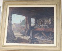 Adrian Hill (1895-1977), oil on canvas board, Blacksmiths forge, signed, 49 x 59cm