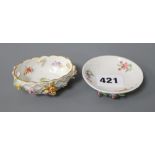 A 19th century Meissen salt, painted and encrusted with flowers and a small Sitzendorf dish (2)
