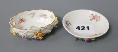A 19th century Meissen salt, painted and encrusted with flowers and a small Sitzendorf dish (2)