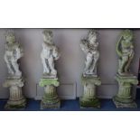 A set of four reconstituted stone garden putto on ionic columns, emblematic of the seasons, H.134cm