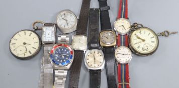 Eight assorted gentleman's wrist watches including Cyma and Majex and two pocket watches,