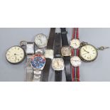 Eight assorted gentleman's wrist watches including Cyma and Majex and two pocket watches,