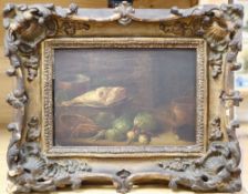 18th century Dutch school, oil on wooden panel, Still life in a larder with cat and leg of mutton,