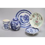 Five pieces of Chinese ceramics including two blue and white plates, a Canton plate, a blue and