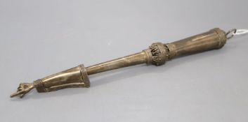 A late 19th century? Russian 84 zolotnik torah pointer, dated 1896?, marks rubbed, overall 25.8cm,