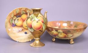 Keith Hancock for Coalport: a fruit-decorated bowl, diameter 26.5cm and two other pieces