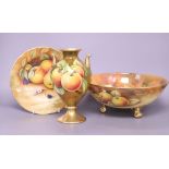 Keith Hancock for Coalport: a fruit-decorated bowl, diameter 26.5cm and two other pieces