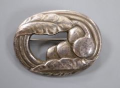 An early 1950's Georg Jensen silver leaf and berry oval brooch, design no. 18, 45mm, 11.1 grams.